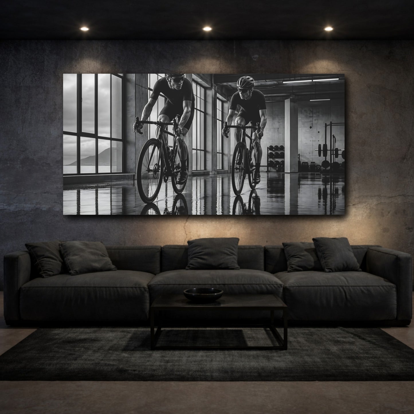 Mockup 4. Sports Cyclists Black And White Cycling shown as canvas print
