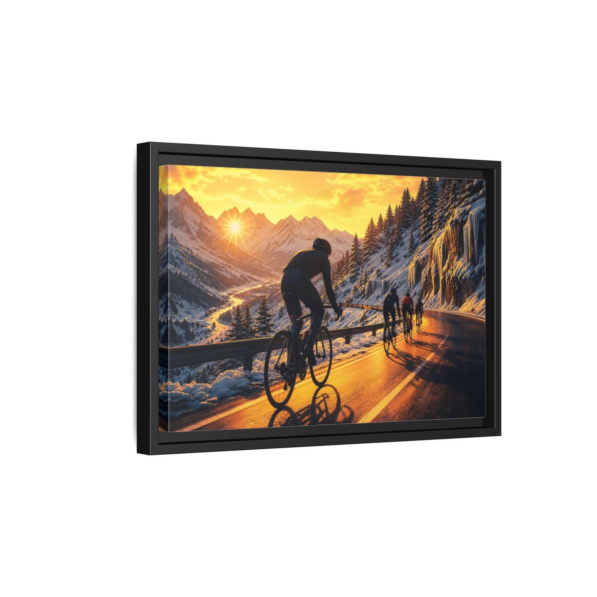 Side Mockup 6. Sports Cyclists Winter Cycling Sunset shown as framed canvas print