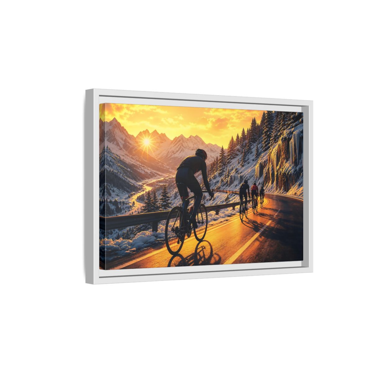 Side Mockup 4. Sports Cyclists Winter Cycling Sunset shown as framed canvas print