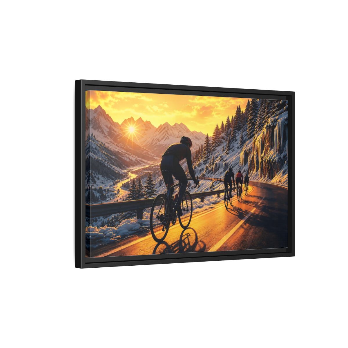 Side Mockup 3. Sports Cyclists Winter Cycling Sunset shown as framed canvas print
