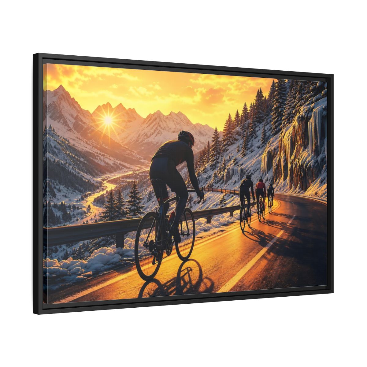 Side Mockup 13. Sports Cyclists Winter Cycling Sunset shown as framed canvas print