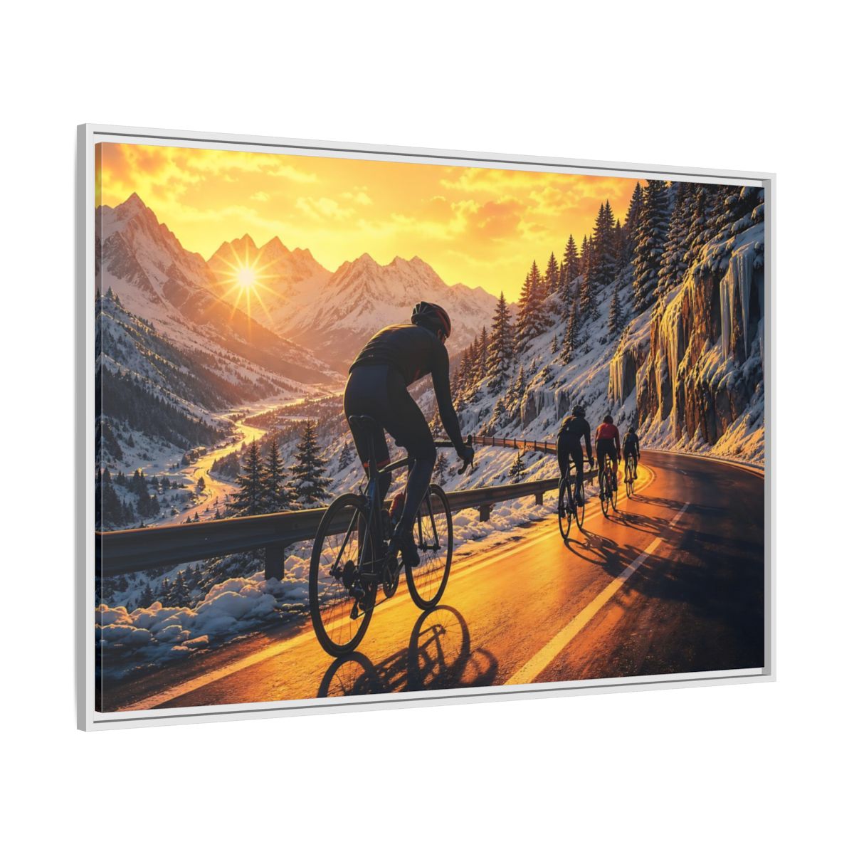 Side Mockup 7. Sports Cyclists Winter Cycling Sunset shown as framed canvas print