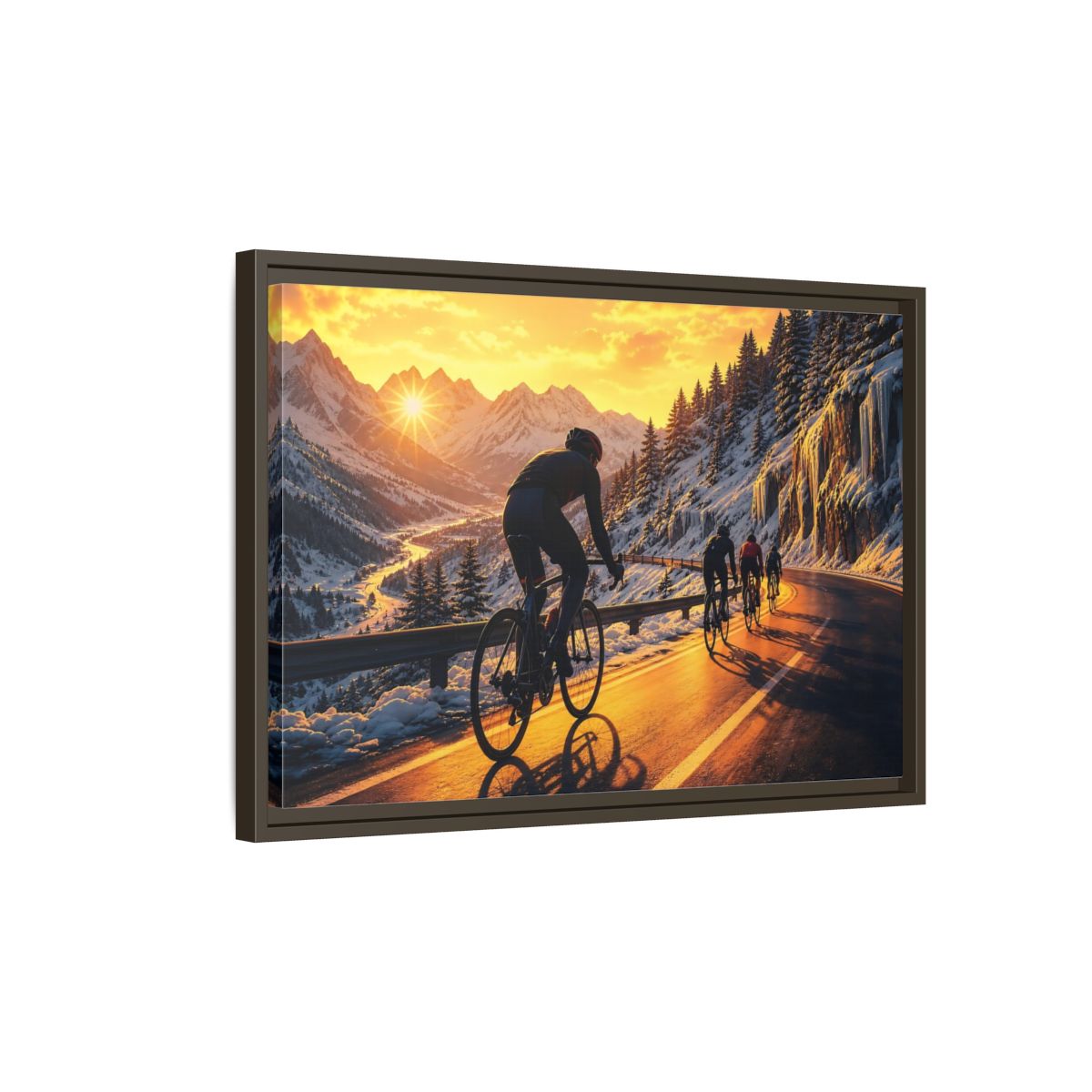 Side Mockup 2. Sports Cyclists Winter Cycling Sunset shown as framed canvas print