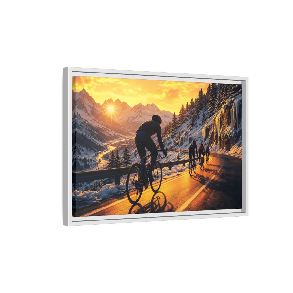 Side Mockup 1. Sports Cyclists Winter Cycling Sunset shown as framed canvas print
