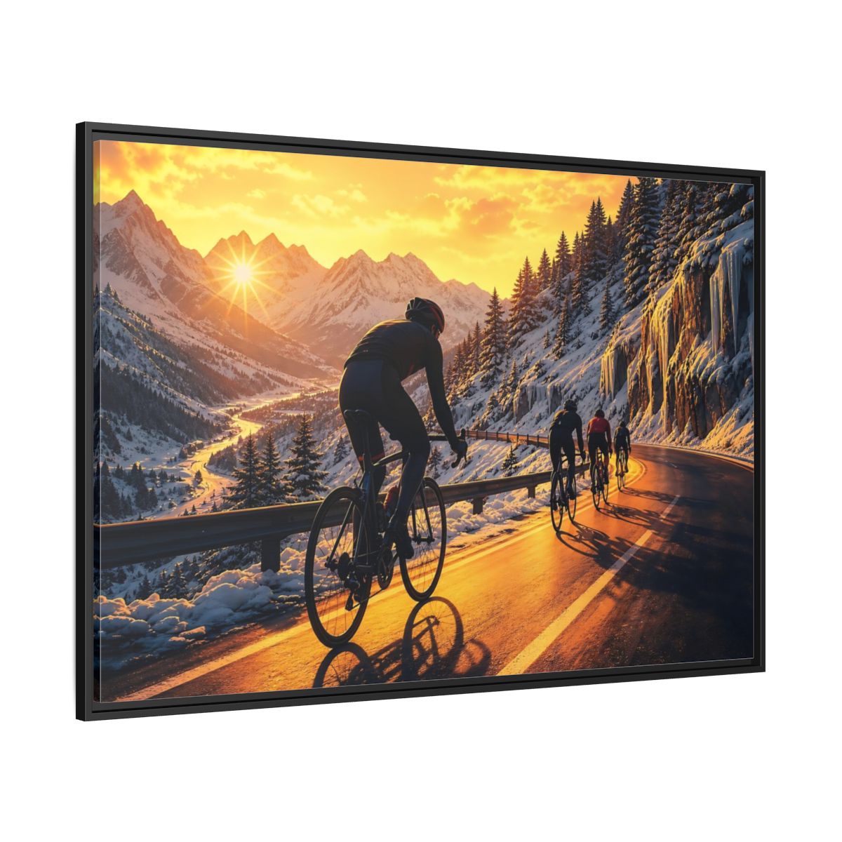 Side Mockup 12. Sports Cyclists Winter Cycling Sunset shown as framed canvas print