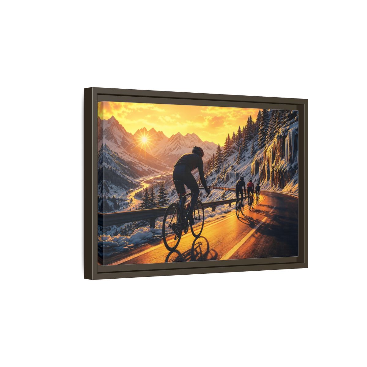 Side Mockup 5. Sports Cyclists Winter Cycling Sunset shown as framed canvas print