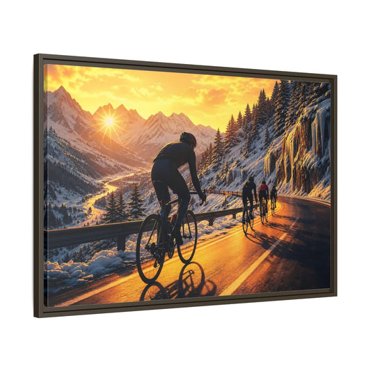 Main Mockup. Sports Cyclists Winter Cycling Sunset shown as framed canvas print