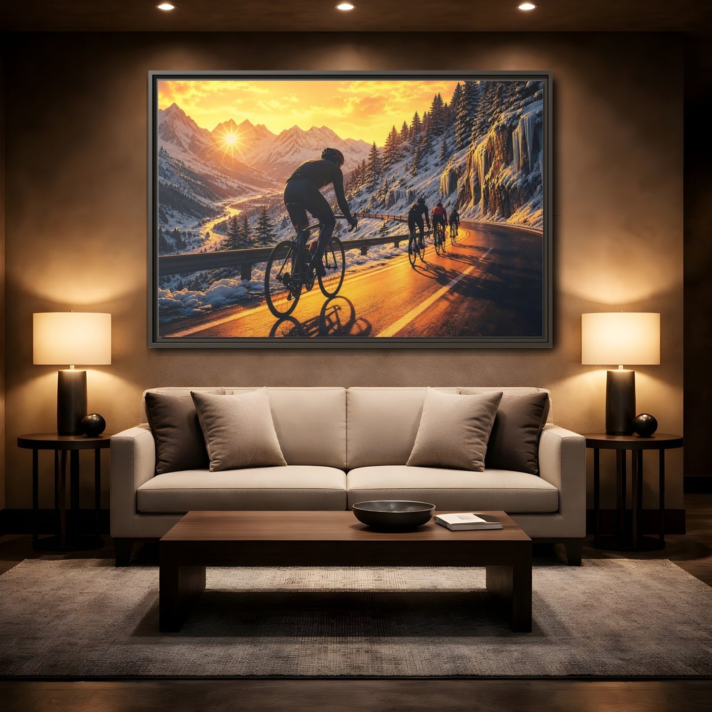 Mockup 2. Sports Cyclists Winter Cycling Sunset shown as framed canvas print