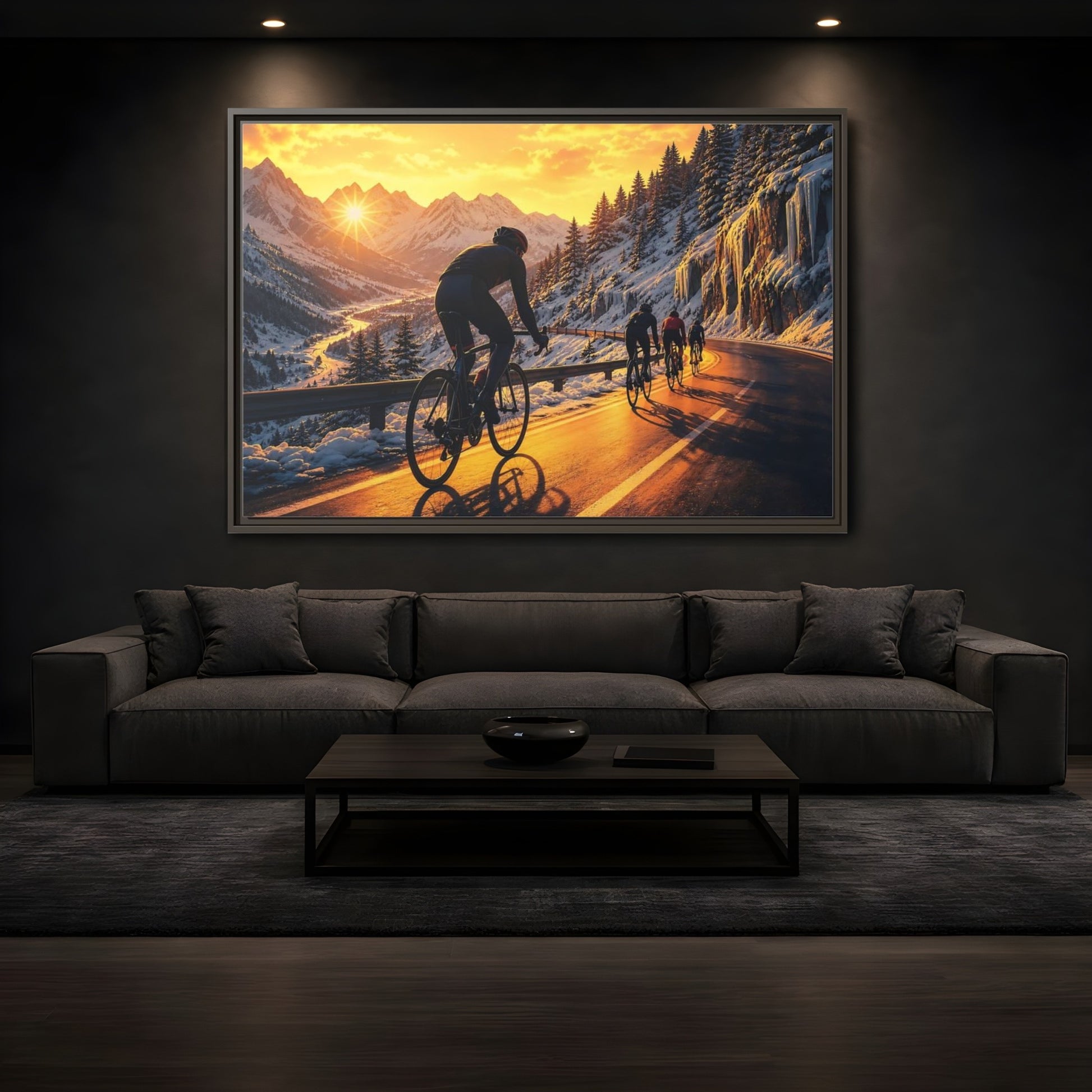 Mockup 3. Sports Cyclists Winter Cycling Sunset shown as framed canvas print