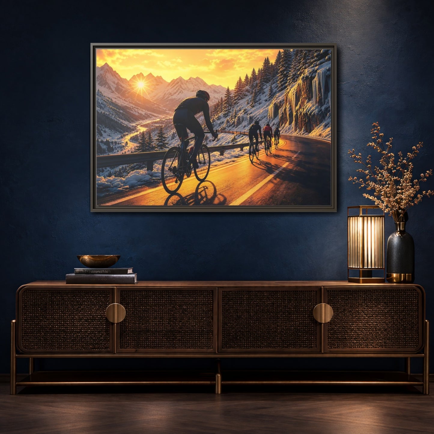Mockup 4. Sports Cyclists Winter Cycling Sunset shown as framed canvas print