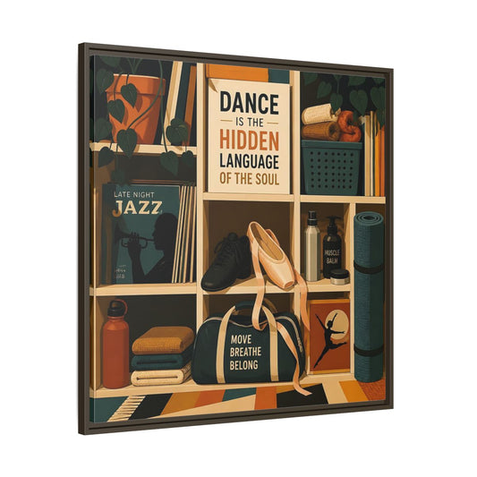 Main Mockup. Sports Dance & Yoga Teal Orange shown as framed canvas print