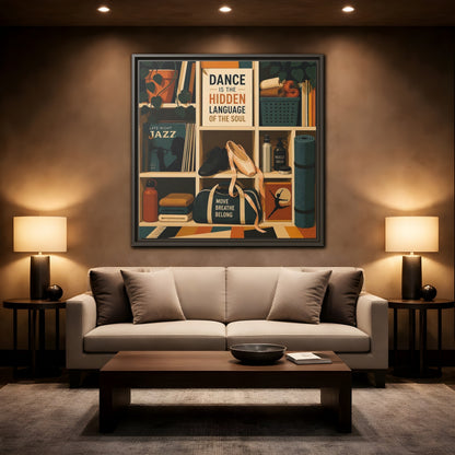 Mockup 2. Sports Dance & Yoga Teal Orange shown as framed canvas print