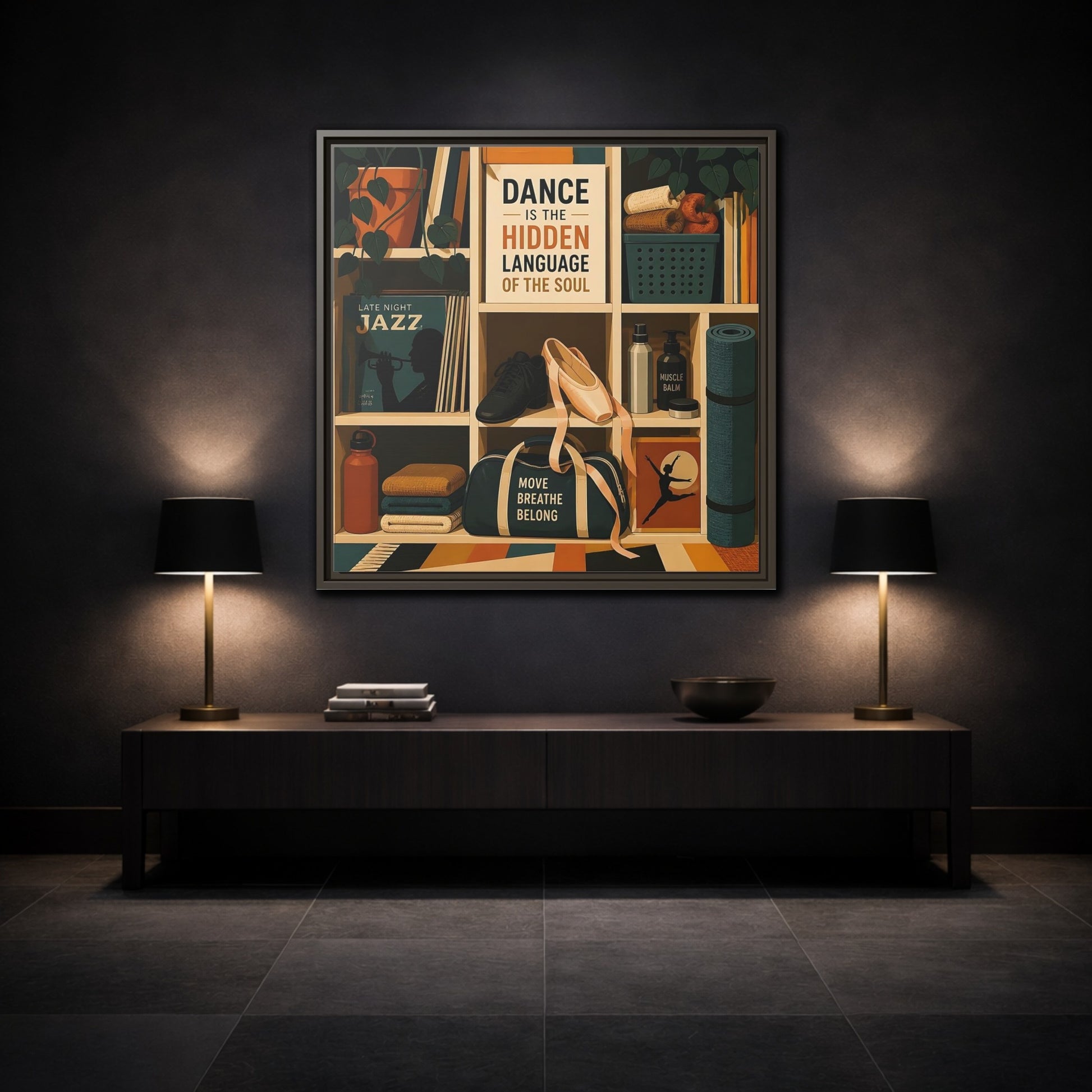 Mockup 3. Sports Dance & Yoga Teal Orange shown as framed canvas print
