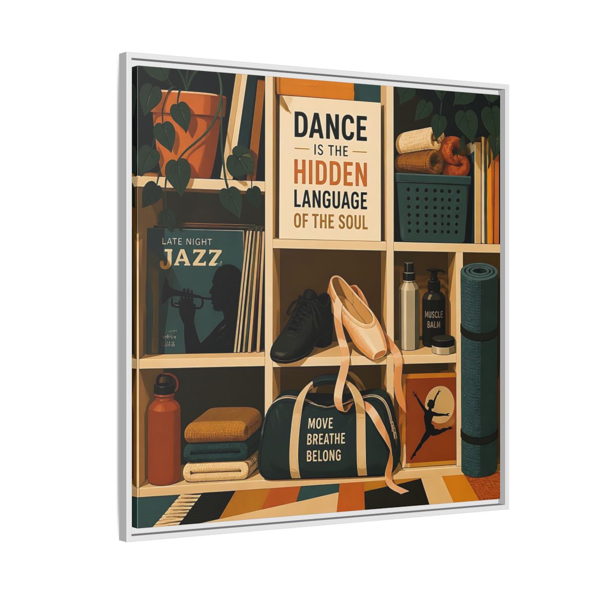 Side Mockup 4. Sports Dance & Yoga Teal Orange shown as framed canvas print