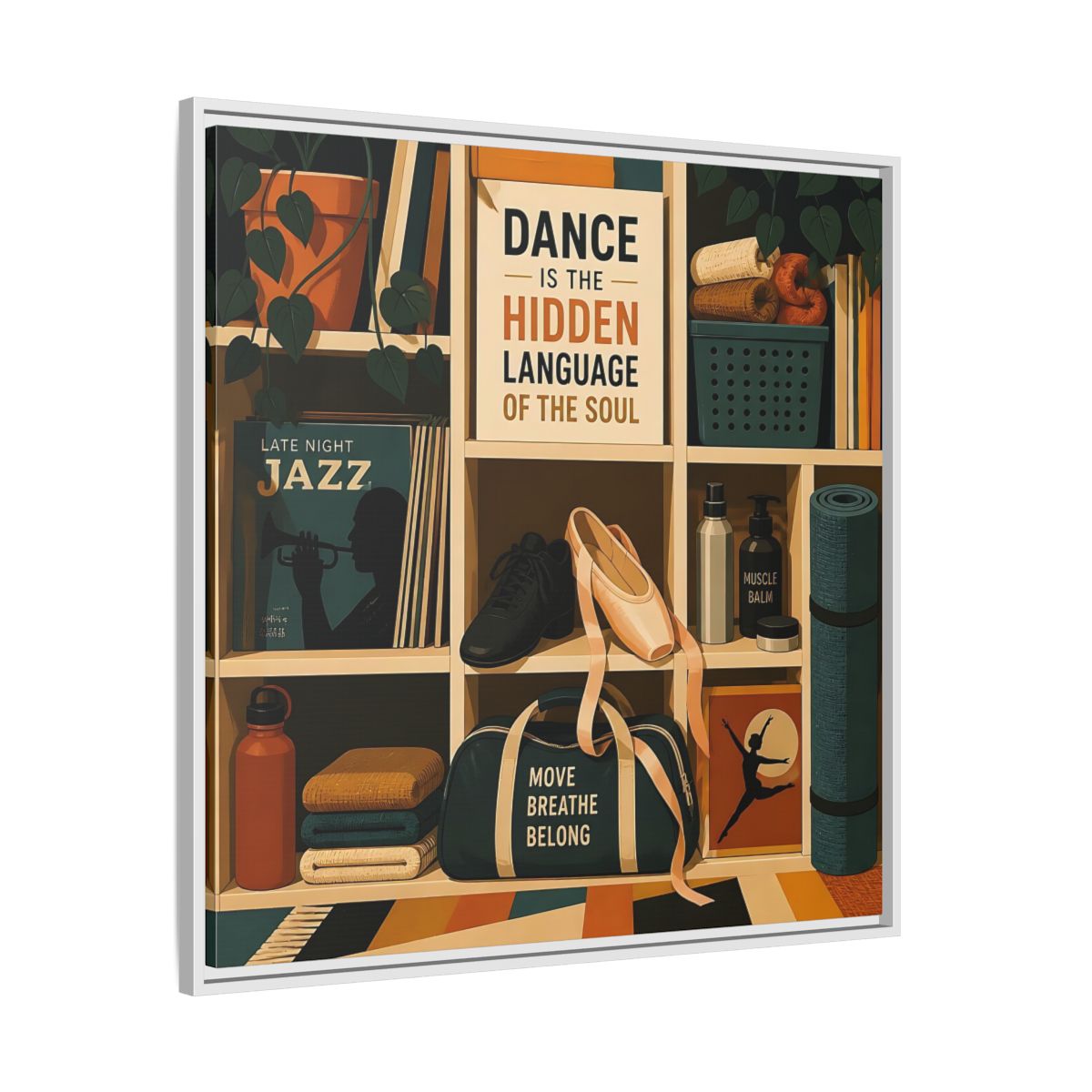 Side Mockup 25. Sports Dance & Yoga Teal Orange shown as framed canvas print