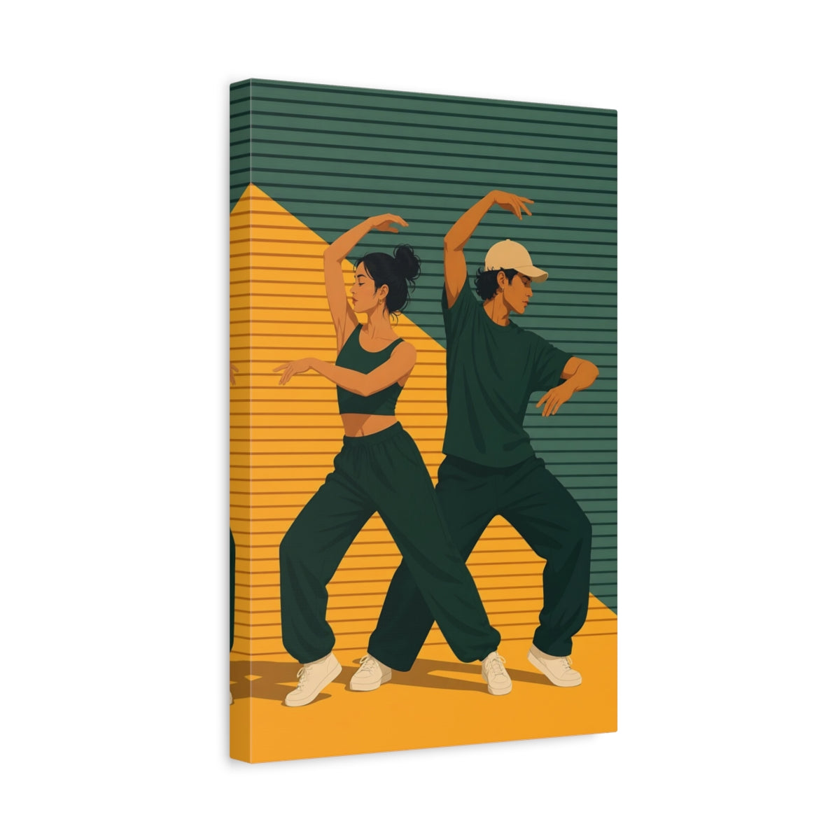 Side Mockup 4. Sports Dancers Green Yellow Dancers shown as canvas print
