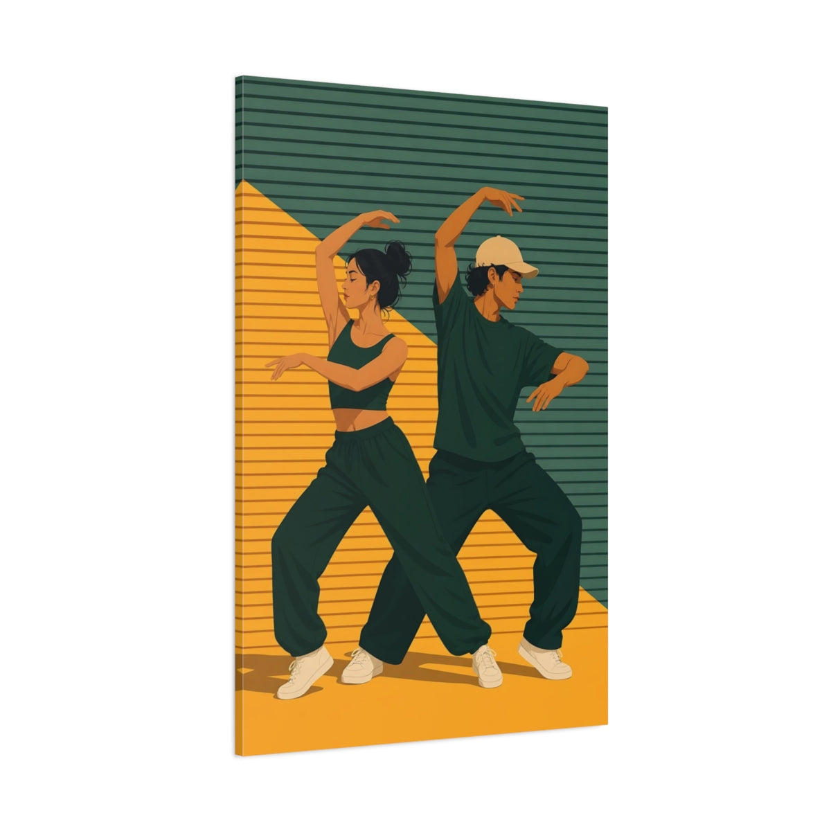 Side Mockup 1. Sports Dancers Green Yellow Dancers shown as canvas print