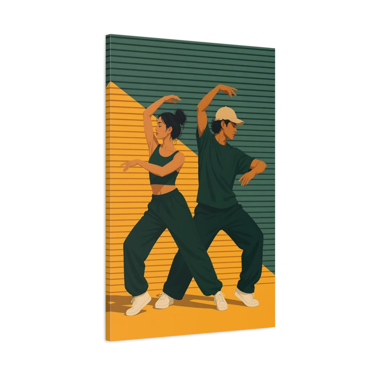 Main Mockup. Sports Dancers Green Yellow Dancers shown as canvas print