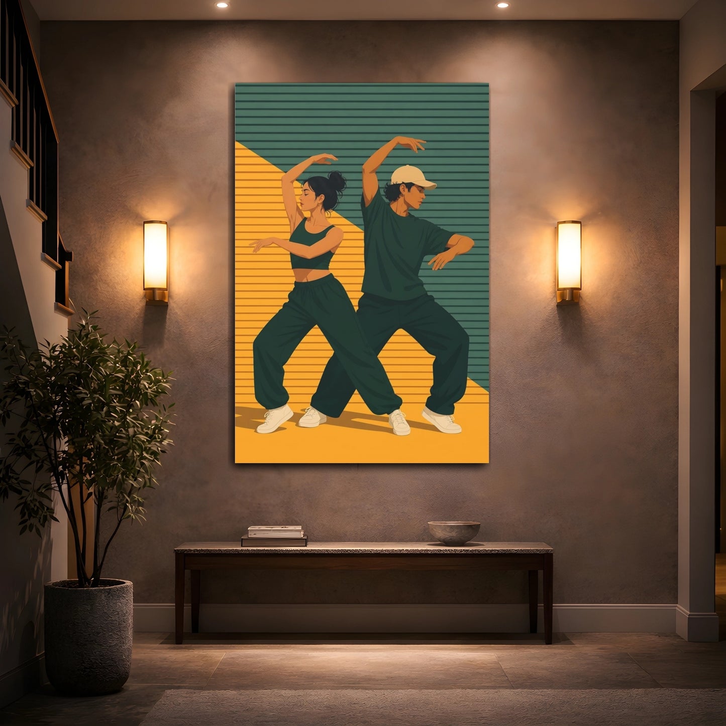 Mockup 2. Sports Dancers Green Yellow Dancers shown as canvas print