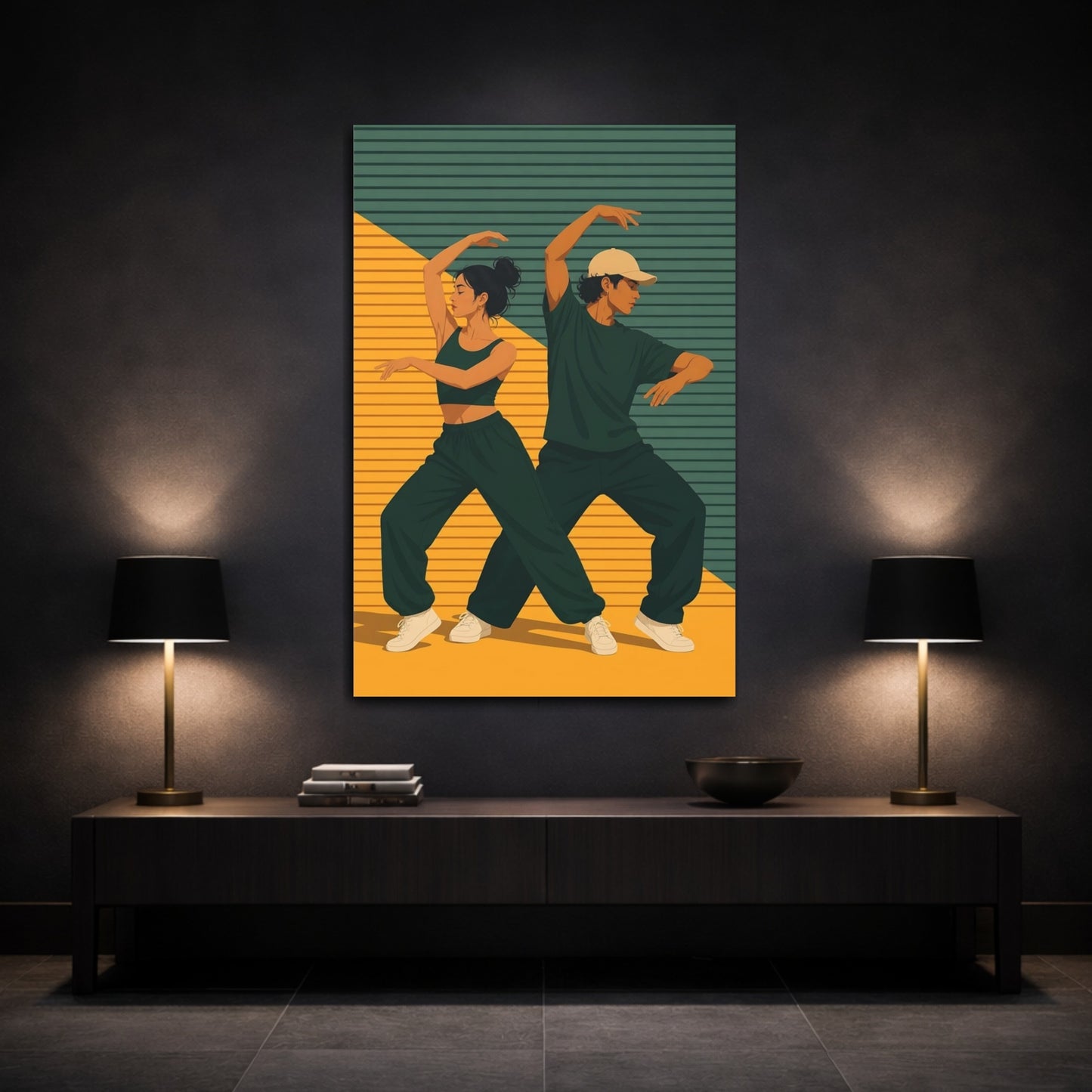 Mockup 3. Sports Dancers Green Yellow Dancers shown as canvas print
