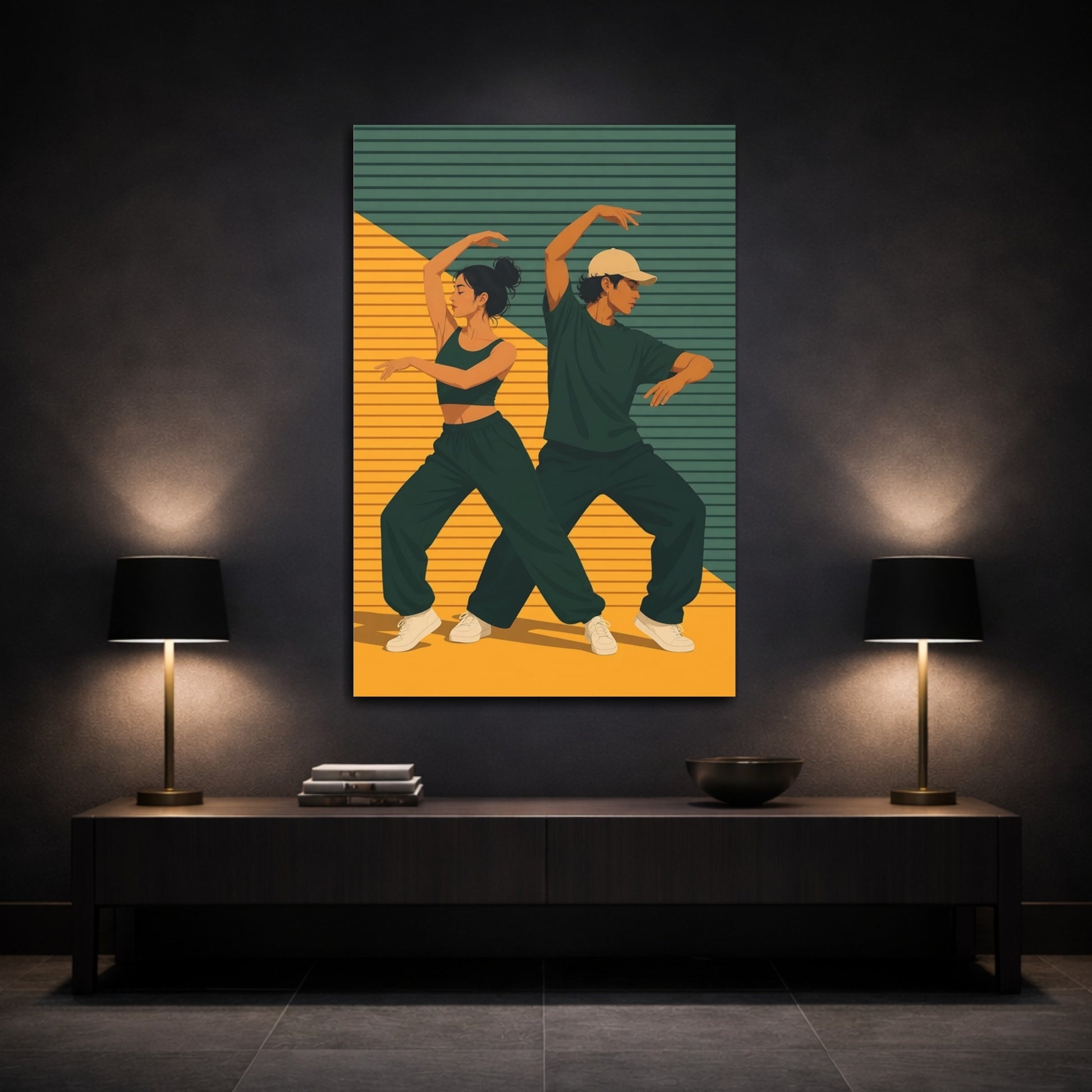 Mockup 3. Sports Dancers Green Yellow Dancers shown as canvas print