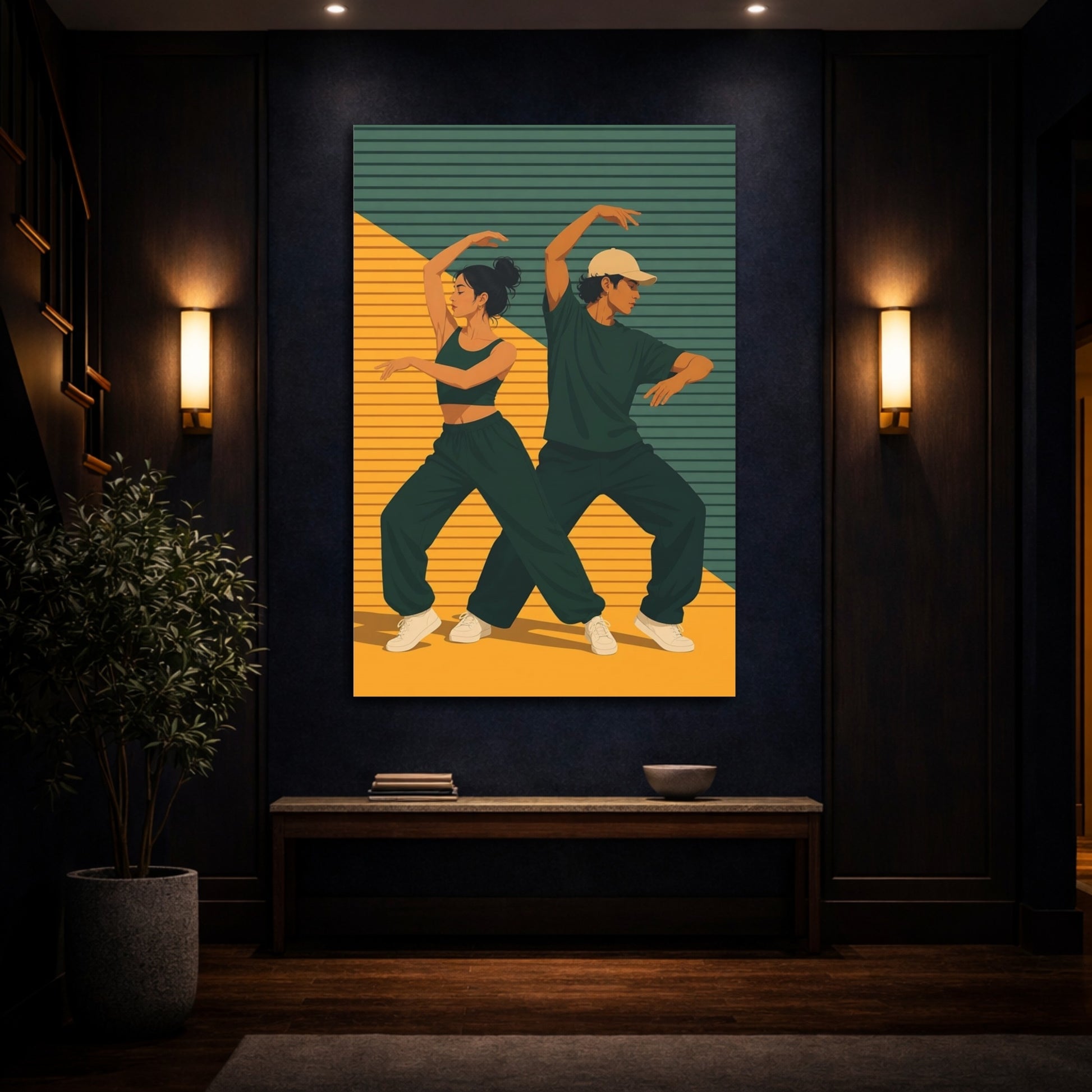 Mockup 4. Sports Dancers Green Yellow Dancers shown as canvas print