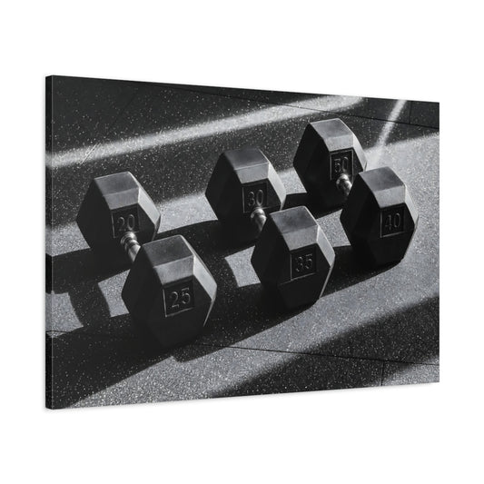 Main Mockup. Sports Dumbbells Black And White shown as canvas print