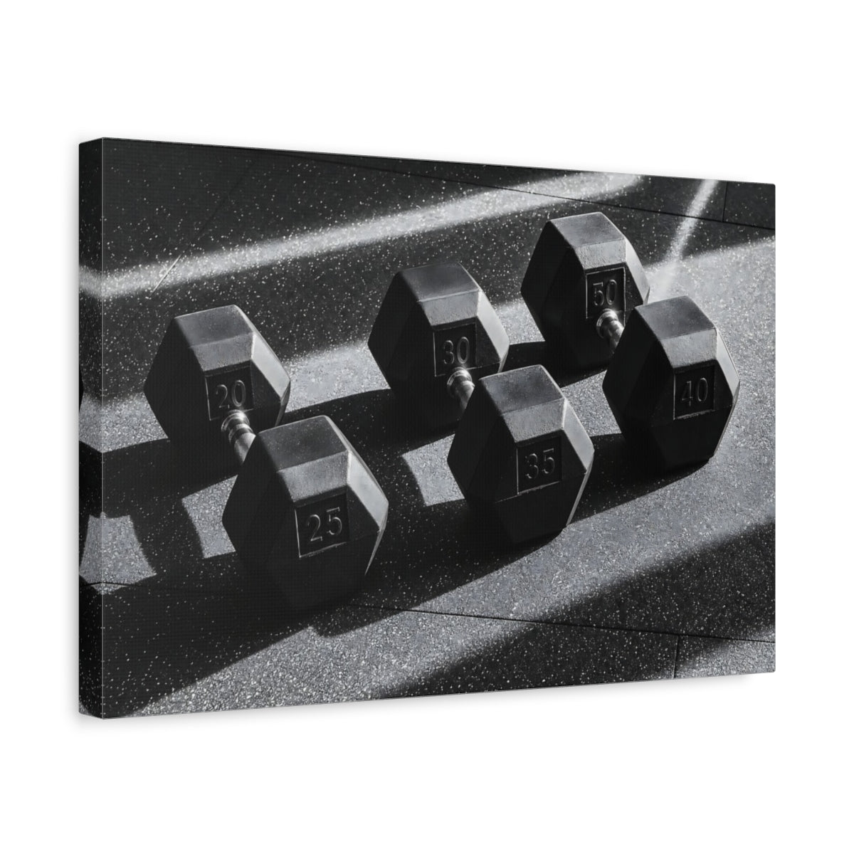 Side Mockup 4. Sports Dumbbells Black And White shown as canvas print
