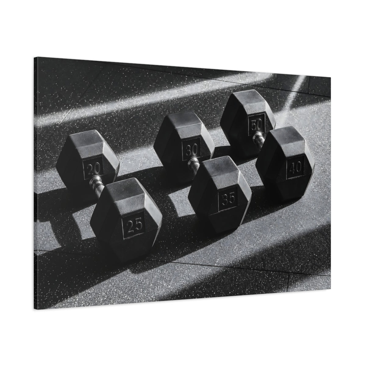 Side Mockup 1. Sports Dumbbells Black And White shown as canvas print