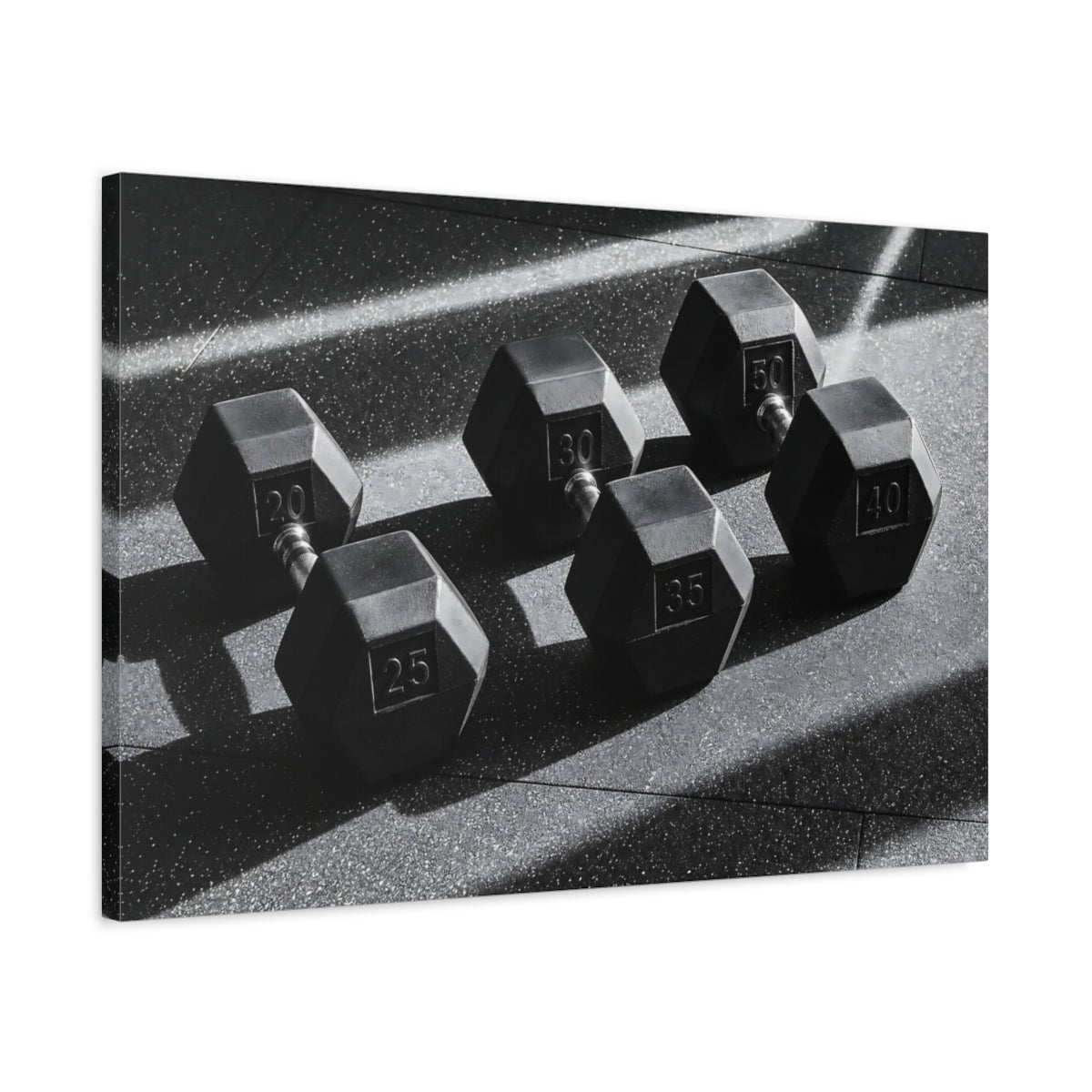Side Mockup 2. Sports Dumbbells Black And White shown as canvas print