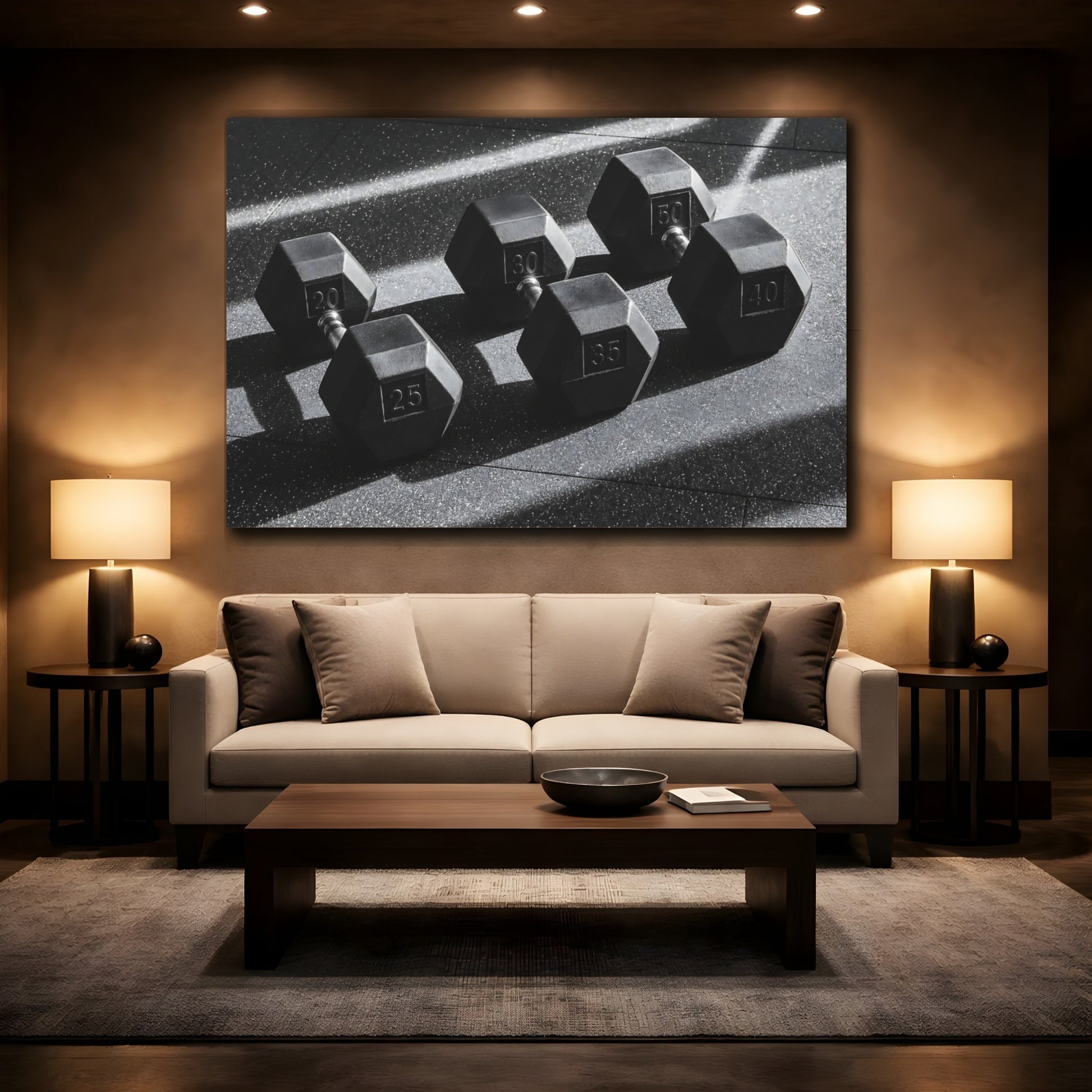 Mockup 2. Sports Dumbbells Black And White shown as canvas print
