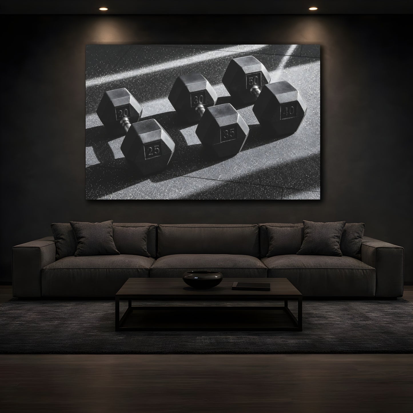 Mockup 3. Sports Dumbbells Black And White shown as canvas print