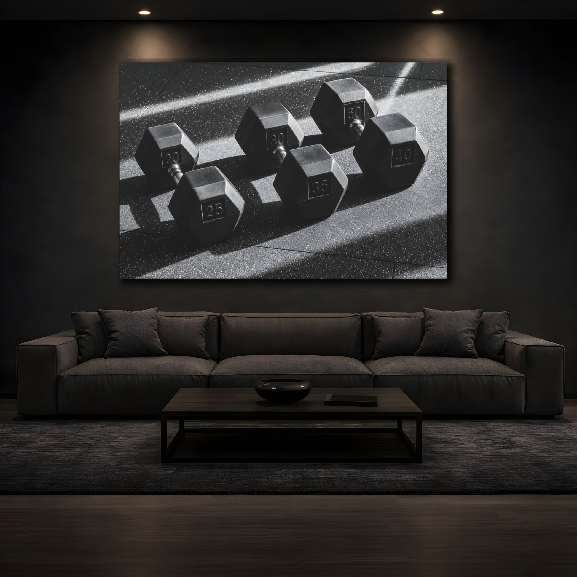 Mockup 3. Sports Dumbbells Black And White shown as canvas print