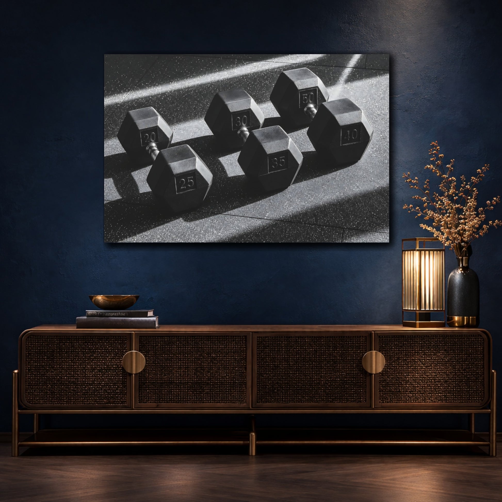 Mockup 4. Sports Dumbbells Black And White shown as canvas print