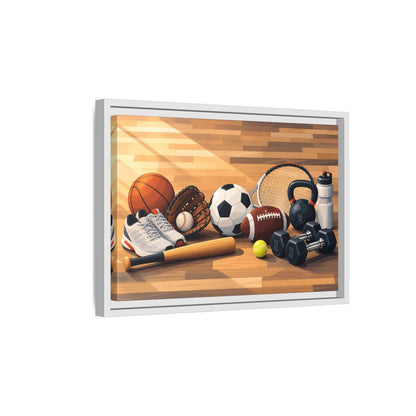 Side Mockup 4. Sports Sports Equipment Colorful Sports Gear shown as framed canvas print