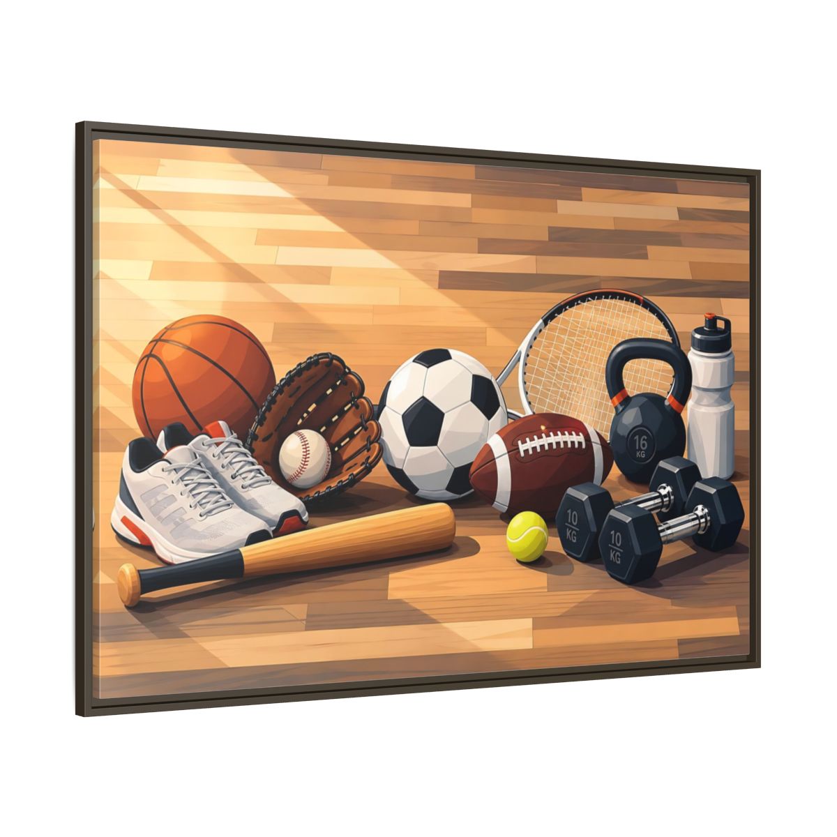 Side Mockup 8. Sports Sports Equipment Colorful Sports Gear shown as framed canvas print