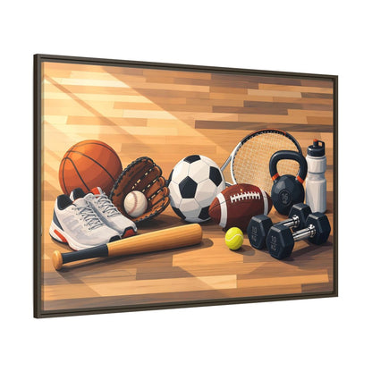 Side Mockup 8. Sports Sports Equipment Colorful Sports Gear shown as framed canvas print