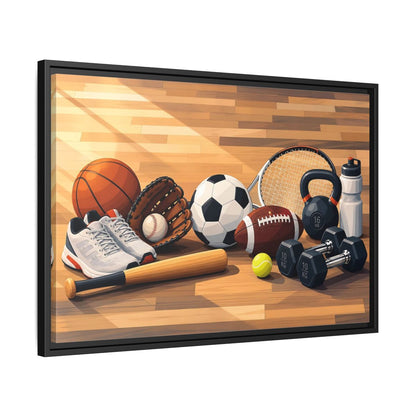 Side Mockup 14. Sports Sports Equipment Colorful Sports Gear shown as framed canvas print