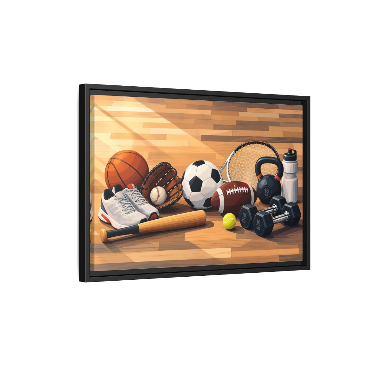 Side Mockup 3. Sports Sports Equipment Colorful Sports Gear shown as framed canvas print