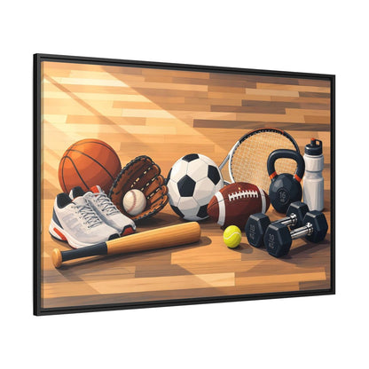 Side Mockup 12. Sports Sports Equipment Colorful Sports Gear shown as framed canvas print