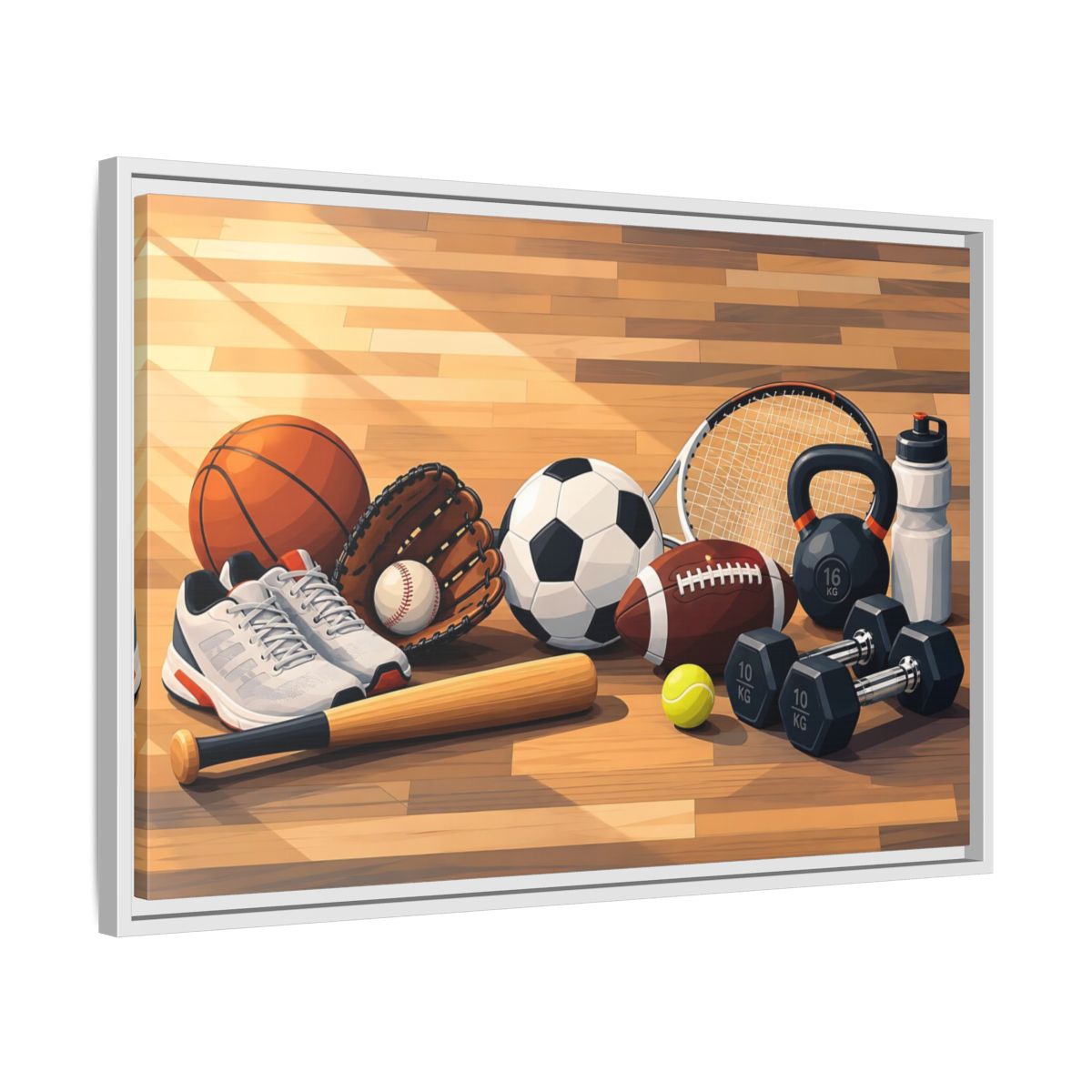 Side Mockup 10. Sports Sports Equipment Colorful Sports Gear shown as framed canvas print