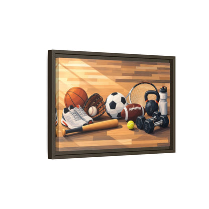 Side Mockup 5. Sports Sports Equipment Colorful Sports Gear shown as framed canvas print