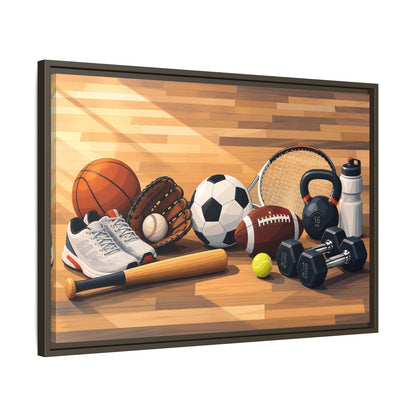 Side Mockup 11. Sports Sports Equipment Colorful Sports Gear shown as framed canvas print