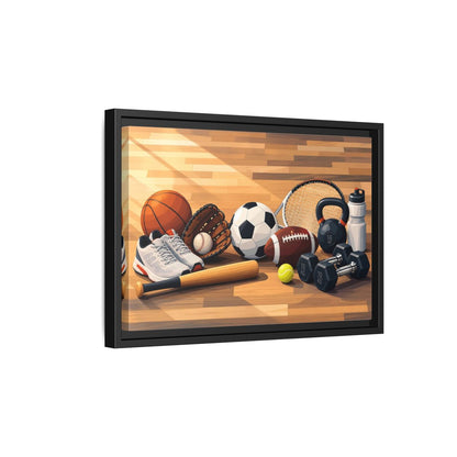 Side Mockup 6. Sports Sports Equipment Colorful Sports Gear shown as framed canvas print