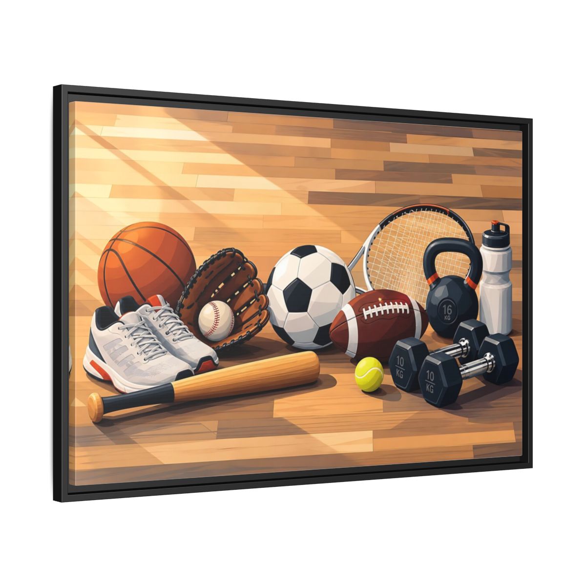Side Mockup 13. Sports Sports Equipment Colorful Sports Gear shown as framed canvas print