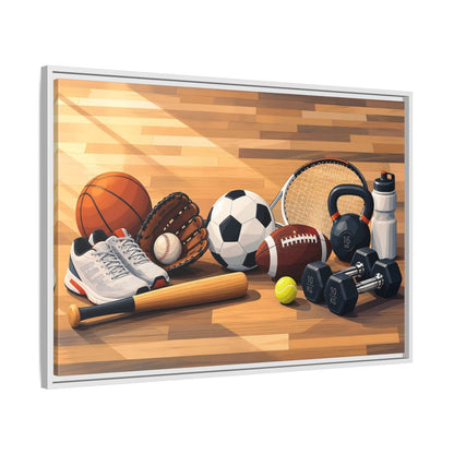 Side Mockup 9. Sports Sports Equipment Colorful Sports Gear shown as framed canvas print