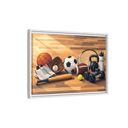 Side Mockup 1. Sports Sports Equipment Colorful Sports Gear shown as framed canvas print