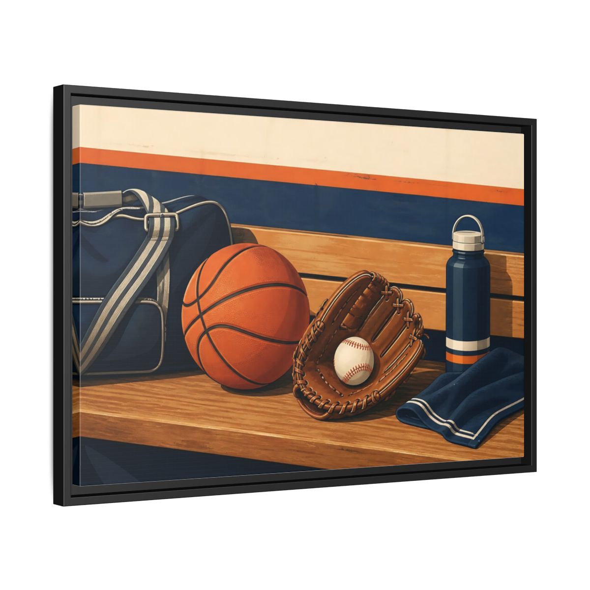 Side Mockup 14. Sports Sports Equipment Sports Gear shown as framed canvas print