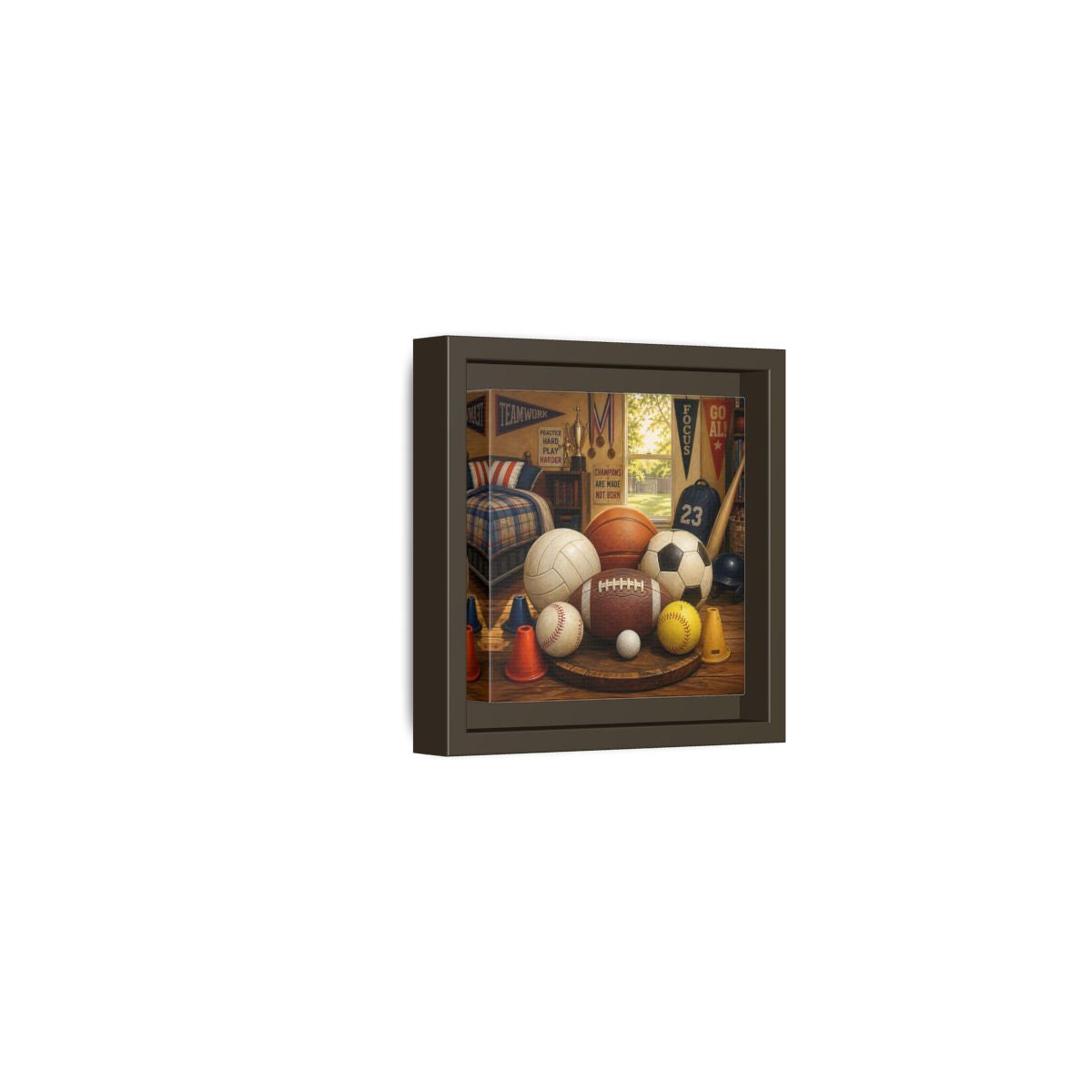Side Mockup 23. Sports Sports Equipment Sports Room Decor shown as framed canvas print