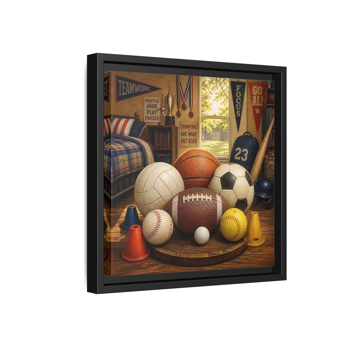 Side Mockup 18. Sports Sports Equipment Sports Room Decor shown as framed canvas print